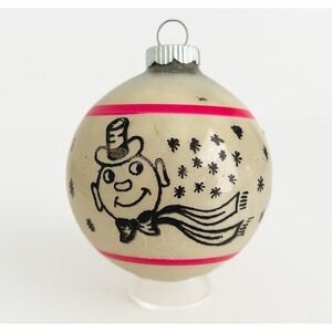 Vintage MCM Shiny Brite Stenciled Frosty Snowman Ornament Kitsch 3" Red Stripe